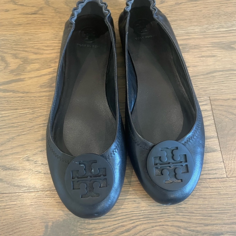 Tory Burch Black Leather Logo Flats